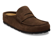 A brown suede penny loafer clog slipper with a black rubber sole, shown from a three-quarters angle on a white background.
