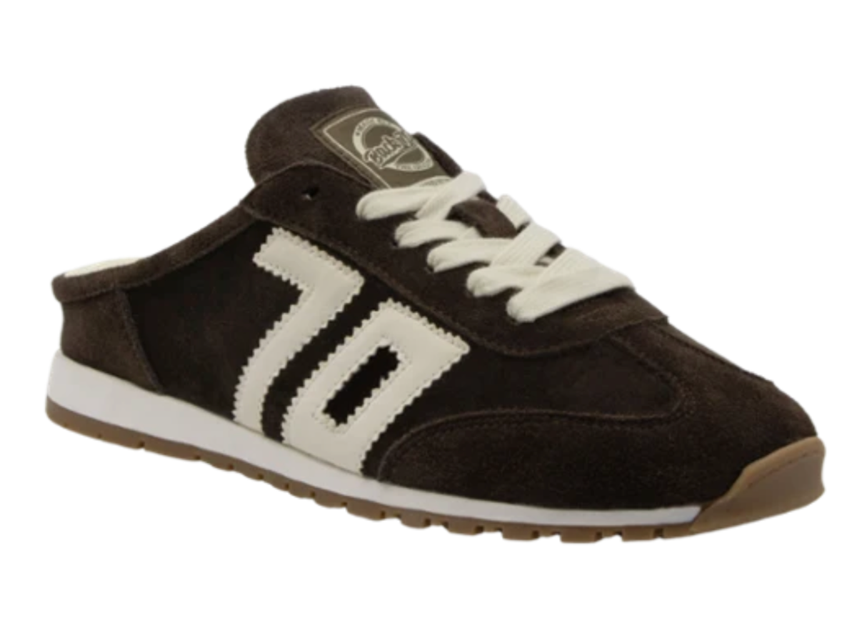 A dark brown suede sneaker with white laces, a large white '70' graphic on the side, and a white midsole with a brown outsole.