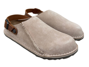 A pair of light taupe suede slip-on clogs with brown leather ankle straps and a dark sole, shown on a plain white background.
