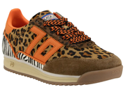 A low-top sneaker featuring a brown and black leopard print upper, bright orange side stripes and heel tab, braided orange and brown laces, a zebra-print heel panel, and a beige and brown midsole.