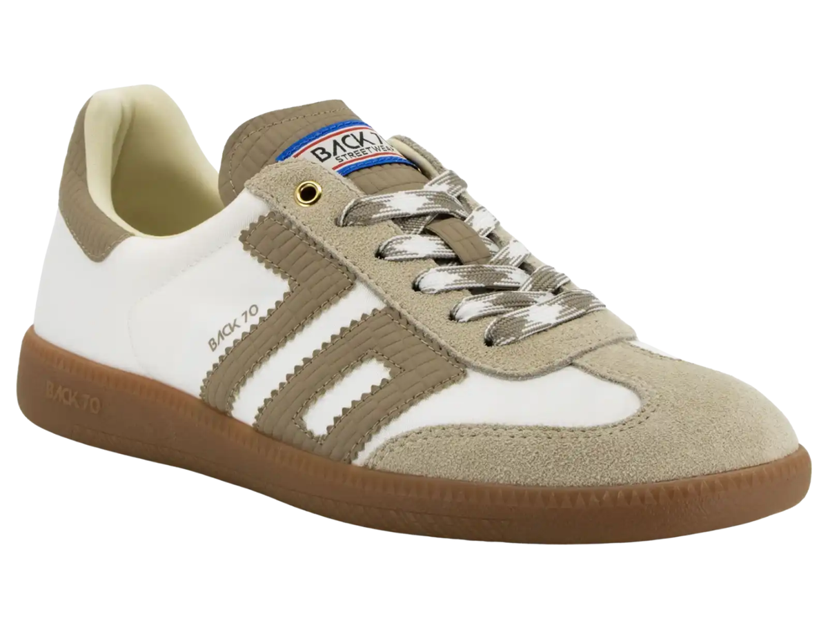 A retro-style low-top sneaker with a white leather base, beige suede overlays, beige side stripes, silver laces, and a brown gum sole. The brand 'BACK-TO' is visible on the tongue label and side.