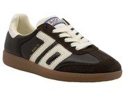A retro-style low-top sneaker by Back To, featuring a dark brown suede and leather upper with a cream knit three-stripe design, cream laces, a cream collar lining, and a brown gum sole.