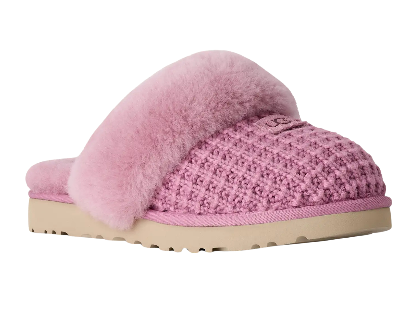 A pink slip-on slouchy slipper with a fuzzy faux-fur collar, a pink knit upper, and a beige sole, shown against a plain white background.
