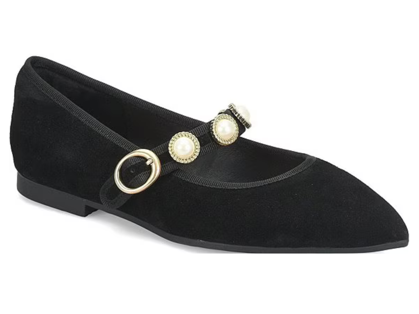 A black suede Mary Jane flat shoe with pointed toe, featuring a black elastic strap adorned with two gold-tone rings and two decorative pearl embellishments, shown on a plain white background.