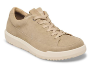 A single beige suede sneaker with matching beige laces and a thick cream-colored sole, shown from a three-quarters angle on a white background.