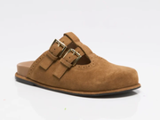 A single tan suede mule slipper with two adjustable double-buckle straps and a black sole, shown from a side profile on a white background.