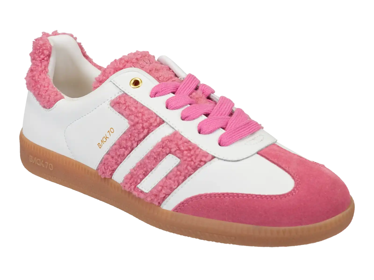 A pink and white Back To School sneaker with a fuzzy fleece collar, pink laces, and a gum sole, shown on a white background.