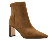 A single brown suede ankle boot with a pointed toe and a chunky block heel, shown from a side profile on a white background.