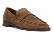 A single brown suede penny loafer shown from a three-quarters angle on a plain white background.