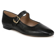 A black leather Mary Jane flat shoe with a pointed toe and a gold-tone buckle strap, shown from a three-quarters angle on a white background.