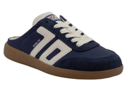 A single Kicks To brand low-top slip-on sneaker in navy blue suede and mesh, featuring cream knit side stripes, cream laces, and a brown gum sole, shown on a white background.