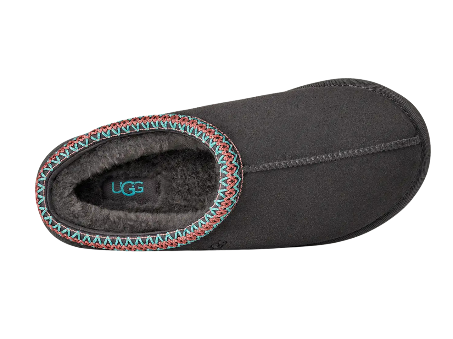Black slipper with colorful trim on a white background
