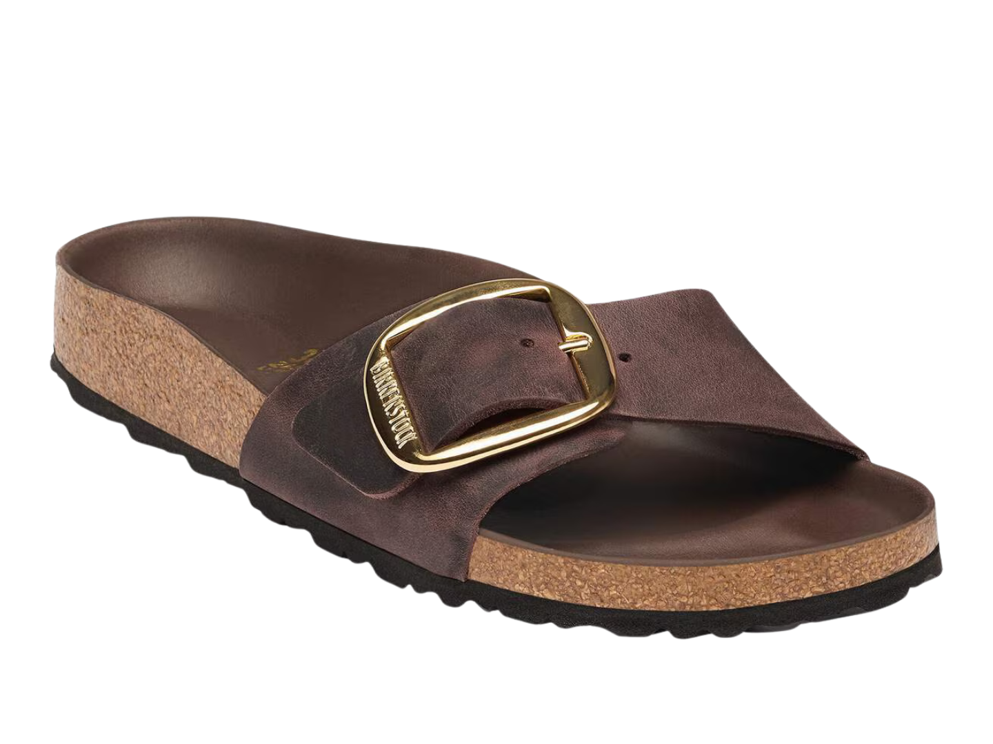 A dark brown slide sandal with a wide strap featuring a gold-tone metal buckle, a cork midsole, and a black outsole, shown on a plain white background.
