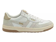 A white and light beige suede and mesh sneaker with gold 'Gola' branding on the side and tongue, featuring a beige heel tab and a gum-colored sole.