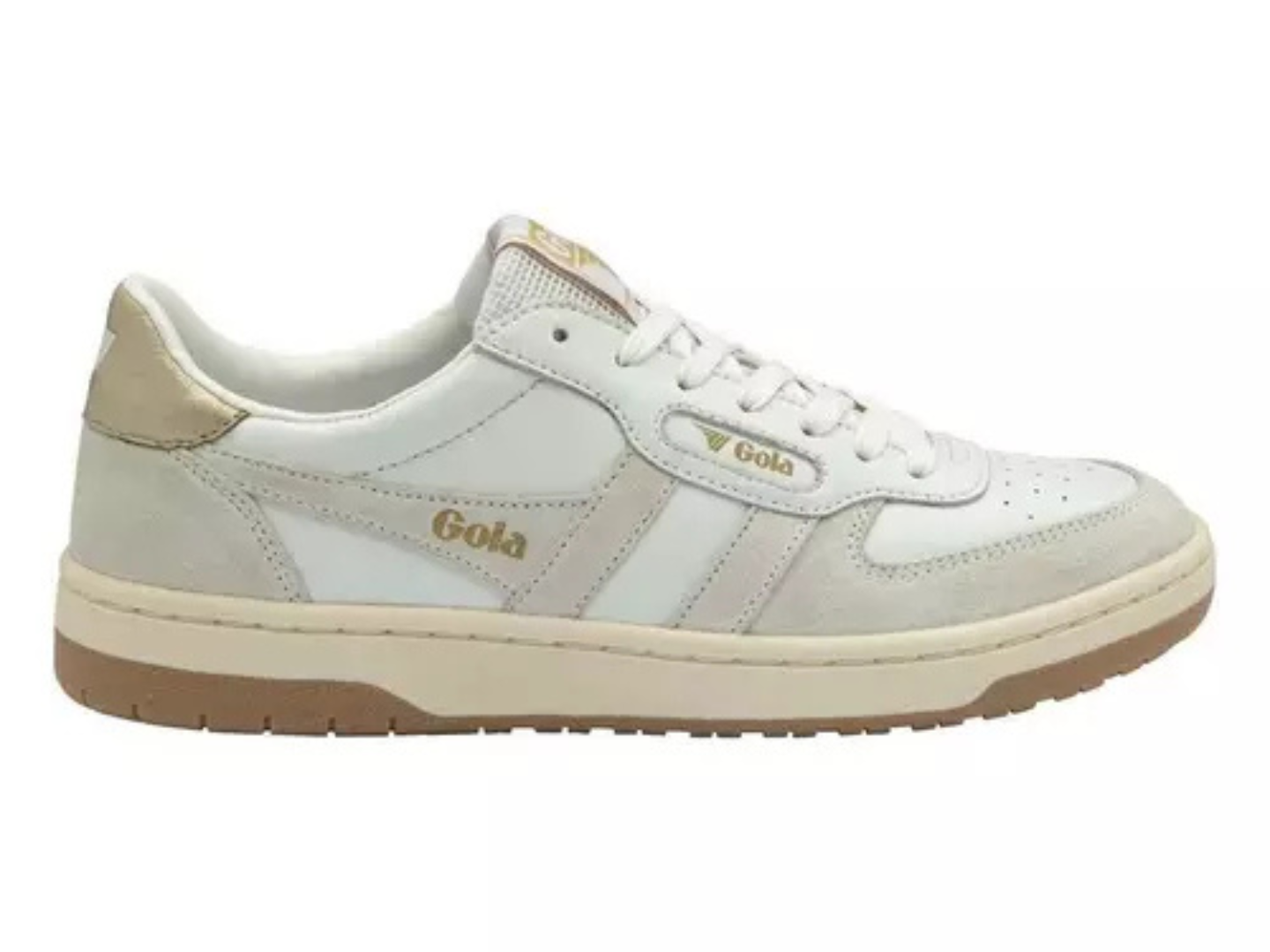 A white and light beige suede and mesh sneaker with gold 'Gola' branding on the side and tongue, featuring a beige heel tab and a gum-colored sole.