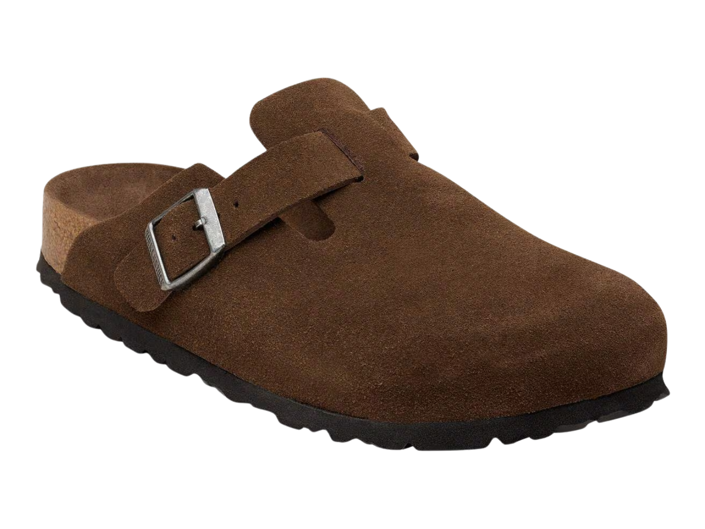 A single brown suede clog-style mule shoe with a wide adjustable strap and a silver-tone metal buckle, shown on a plain white background.