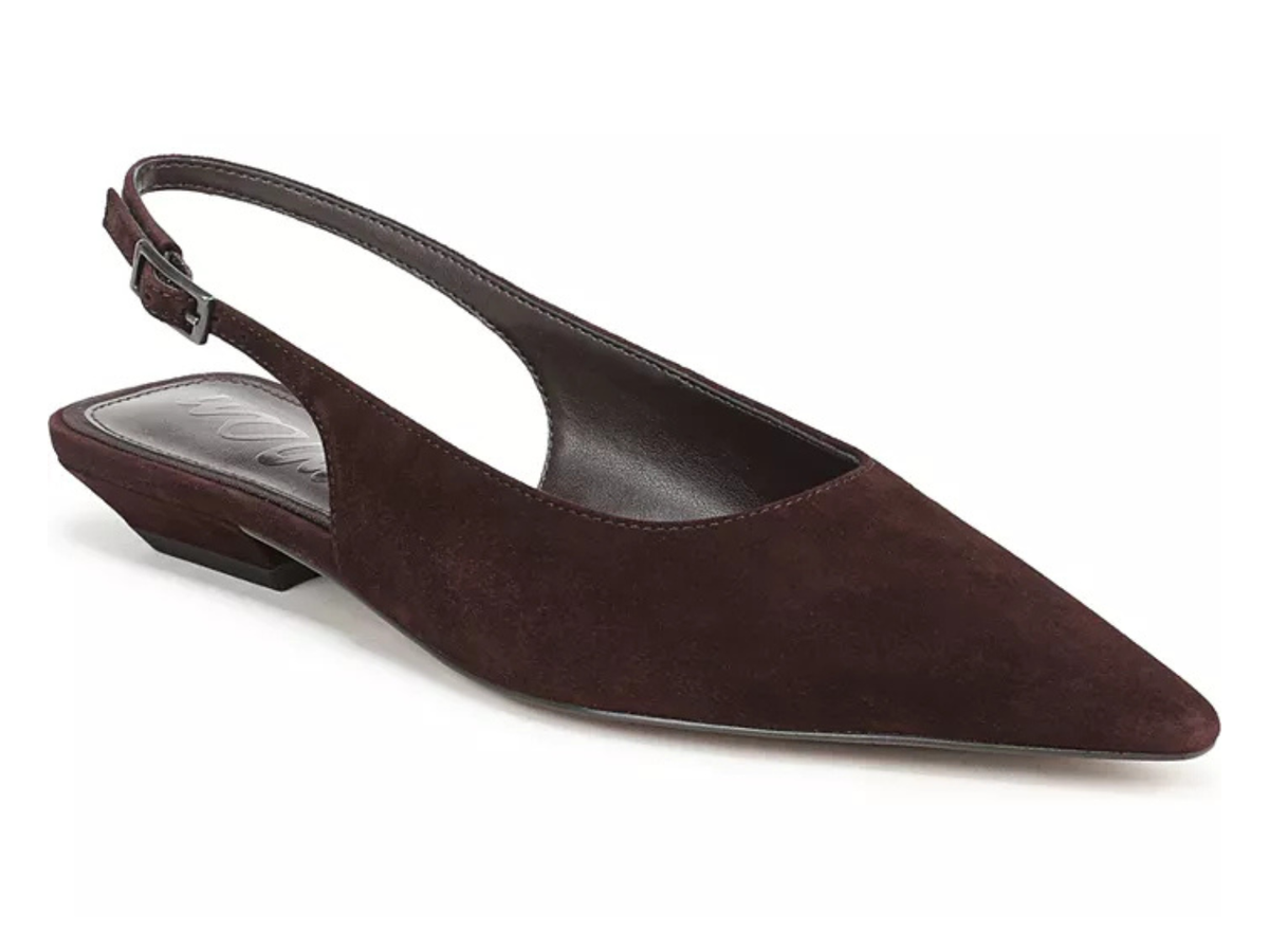A dark brown suede slingback pointed-toe flat shoe with a low block heel, shown from a three-quarters angle on a white background.