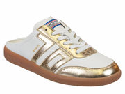 A white and metallic gold slip-on sneaker with white laces, a gum brown sole, and a visible 'SICK-TO' brand logo on the side and tongue.