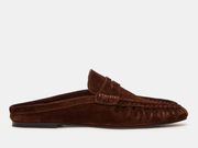 A single dark brown suede mule loafer shown in profile against a light gray background.