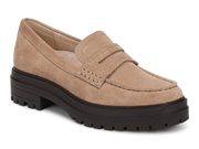 A single tan suede penny loafer with a chunky black lug sole, shown from a three-quarters angle on a white background.