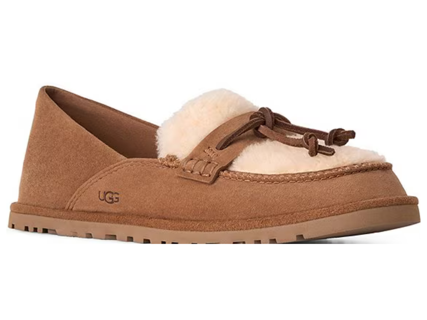 A single UGG slip-on moccasin-style slipper in tan suede with a cream shearling collar and matching tan sole, shown on a plain white background.