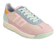 A pastel-colored retro sneaker with pink suede panels, a light blue suede overlay, mint green laces and sole, and an orange heel accent, shown on a white background.