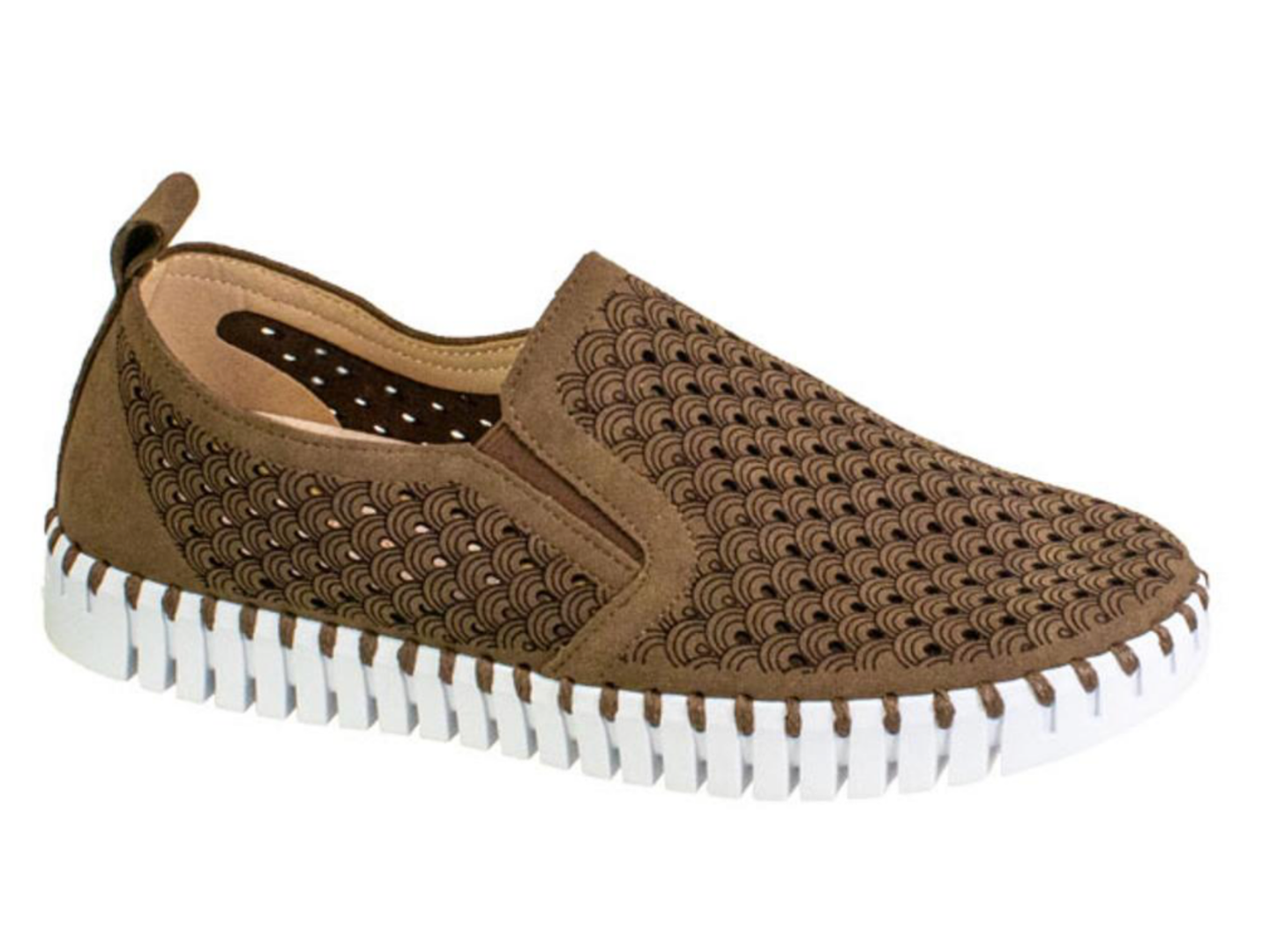 A slip-on casual shoe in brown suede and textured mesh, featuring a white ridged sole with a brown stitched edge.