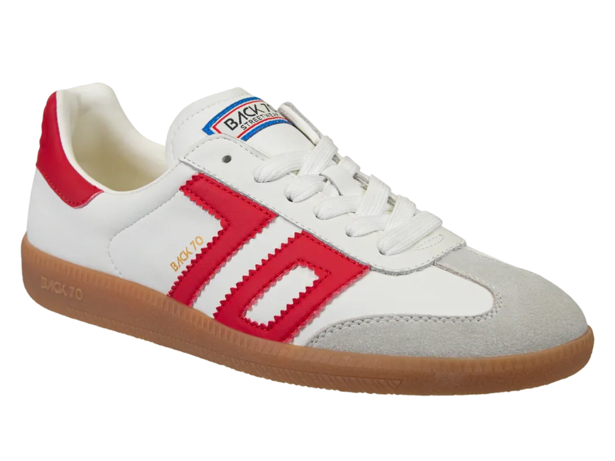 A white and red low-top sneaker with a gum sole, featuring the brand name 'BAGS 70' on the side and tongue.