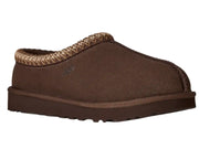 A brown suede slip-on mule shoe with a patterned knit collar and a dark brown sole, shown on a plain white background. A small UGG logo is visible on the side.