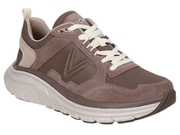 A low-top athletic sneaker in taupe brown and beige suede/mesh with white laces and a chunky white midsole, shown on a plain white background.
