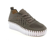 A single platform sneaker in a muted taupe-gray color, featuring a textured knit upper with circular cutouts and a thick, ridged white platform sole.
