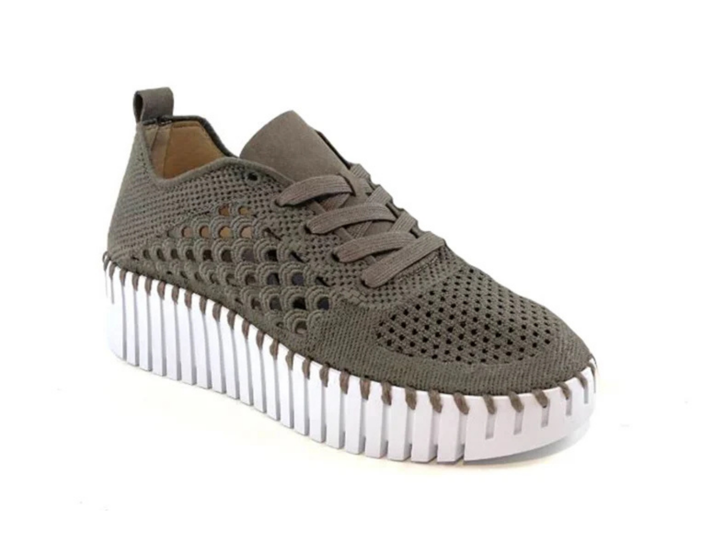 A single platform sneaker in a muted taupe-gray color, featuring a textured knit upper with circular cutouts and a thick, ridged white platform sole.