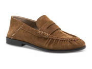 A single brown suede penny loafer shown from a three-quarters angle on a white background.