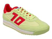 A low-top athletic sneaker in light yellow-green with a large red '70' logo on the side, red lining, and a white midsole.
