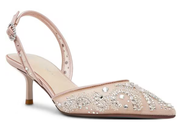 A single pointed-toe slingback high heel shoe in pale blush pink, embellished with sparkling silver and clear rhinestones across the upper, shown on a plain white background.
