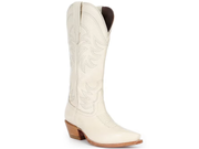 An off-white leather cowboy boot with a pointed toe, brown stacked heel, and decorative western stitching, shown against a plain white background.