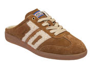 A brown suede slip-on sneaker with a cream sherpa fleece side stripe, beige laces, and a brown rubber sole, shown on a white background.