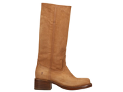 A tall tan leather boot with a stacked brown block heel, shown in a side profile against a plain white background.