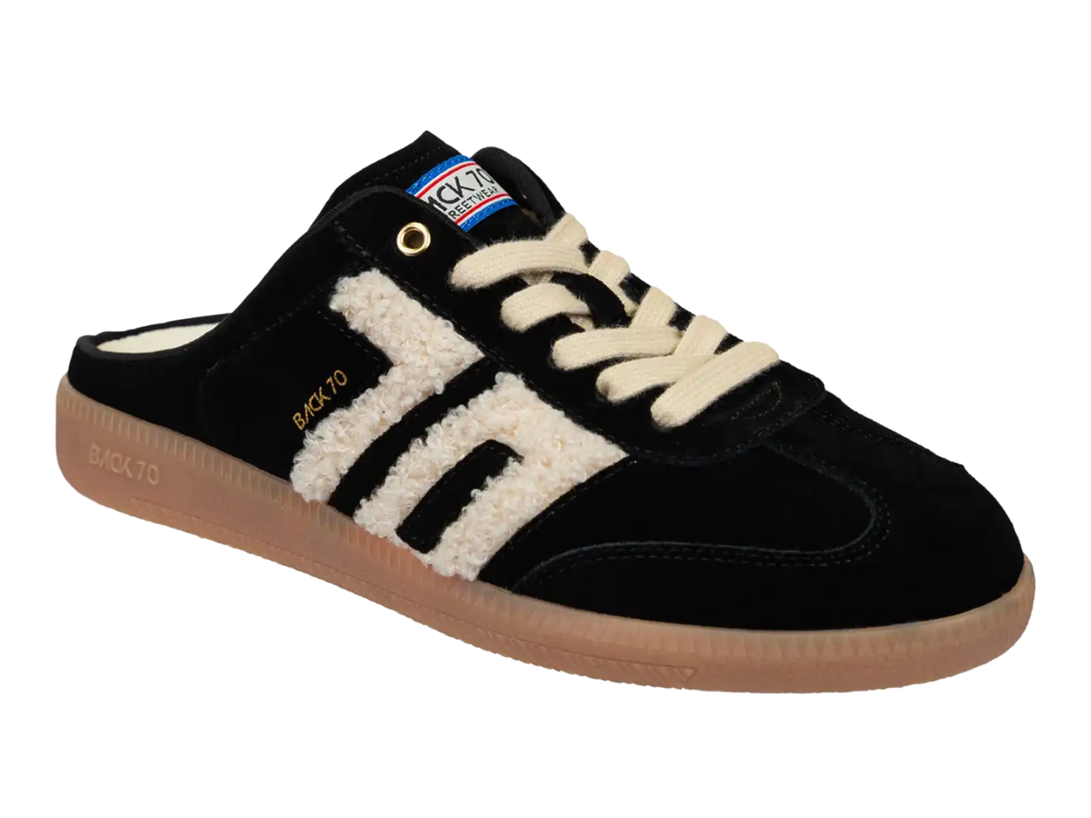 A single black suede and sherpa-lined slip-on sneaker with cream laces, cream side stripes, gold 'BACKYTO' text, and a gum sole, shown on a white background.