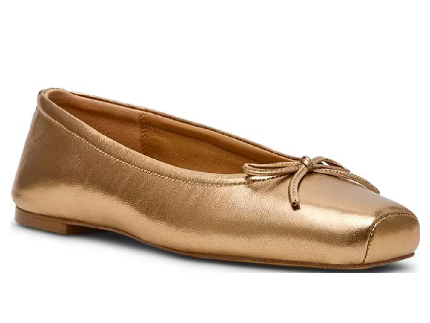 A metallic gold ballet flat shoe with a small matching bow on the toe, shown from a side profile against a white background.