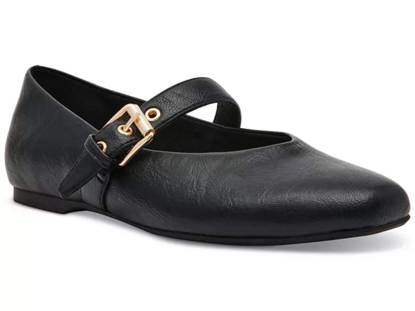 A black faux-leather Mary Jane flat shoe with a gold-tone buckle strap, shown from a three-quarters angle on a white background.