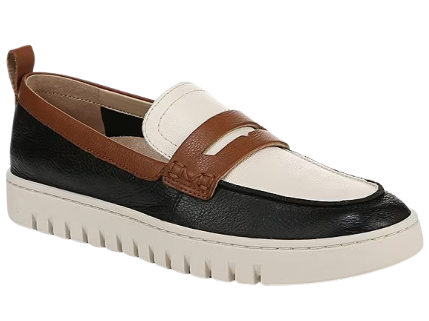 A women's slip-on loafer shoe featuring a black pebbled leather side, a white leather toe cap, and brown leather trim details, set against a plain white background.