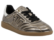 A metallic silver low-top sneaker with black laces, a black interior lining, a white heel tab, and a brown gum sole, shown on a plain white background.