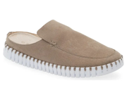 A taupe-brown suede slip-on mule shoe with a white ridged sole, shown from a three-quarters angle on a white background.