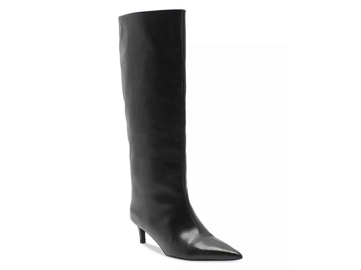 A single black leather knee-high boot with a pointed toe and a slim kitten heel, shown against a plain white background.