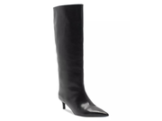 A single black leather knee-high boot with a pointed toe and a slim kitten heel, shown against a plain white background.