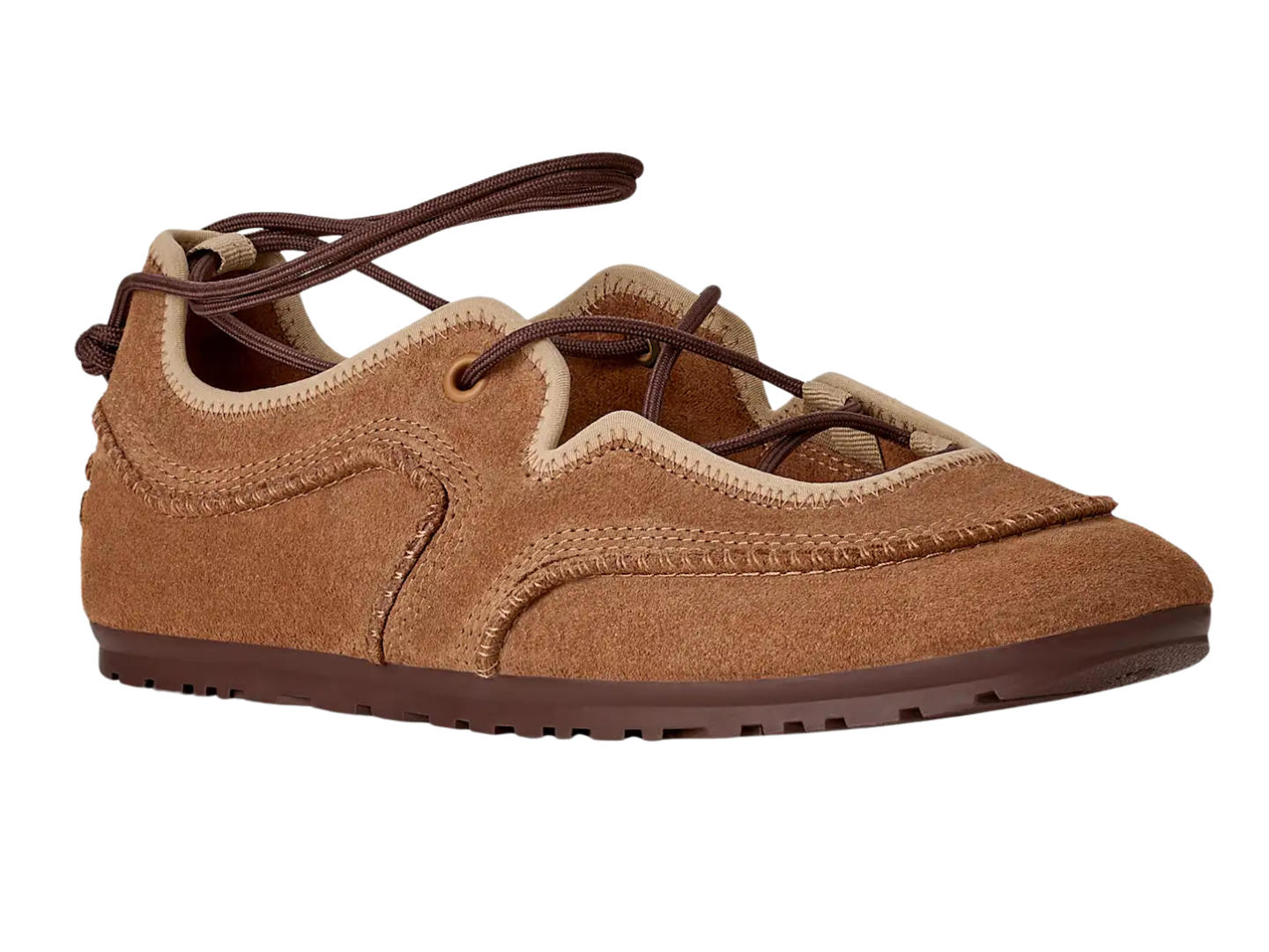 A single brown suede moccasin-style shoe with dark brown laces and a dark brown sole, shown from a side profile on a white background.
