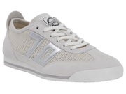 A white low-top sneaker with a textured mesh upper, white laces, and a metallic silver side stripe, shown against a plain white background.