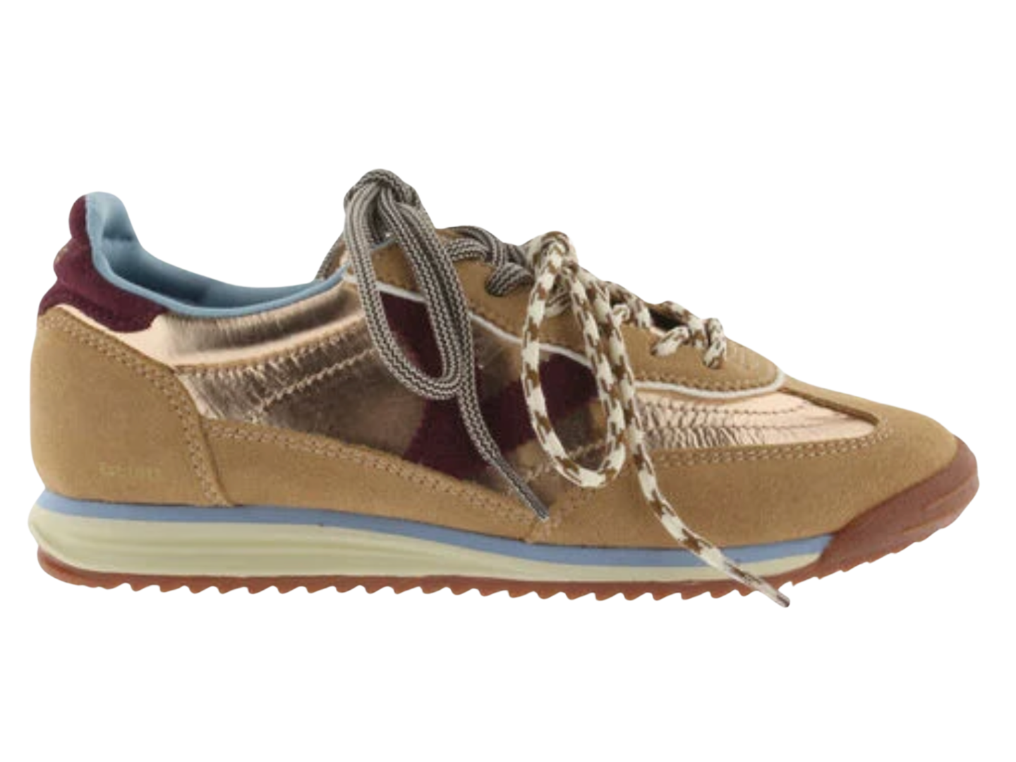 A low-top sneaker in tan suede and metallic rose gold panels, featuring patterned brown and white laces, a light blue lining, and a brown and cream midsole.
