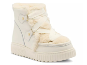 A cream-colored platform ankle boot with a plush faux-shearling lining, wide decorative straps, and gold-tone hardware, shown against a plain white background.